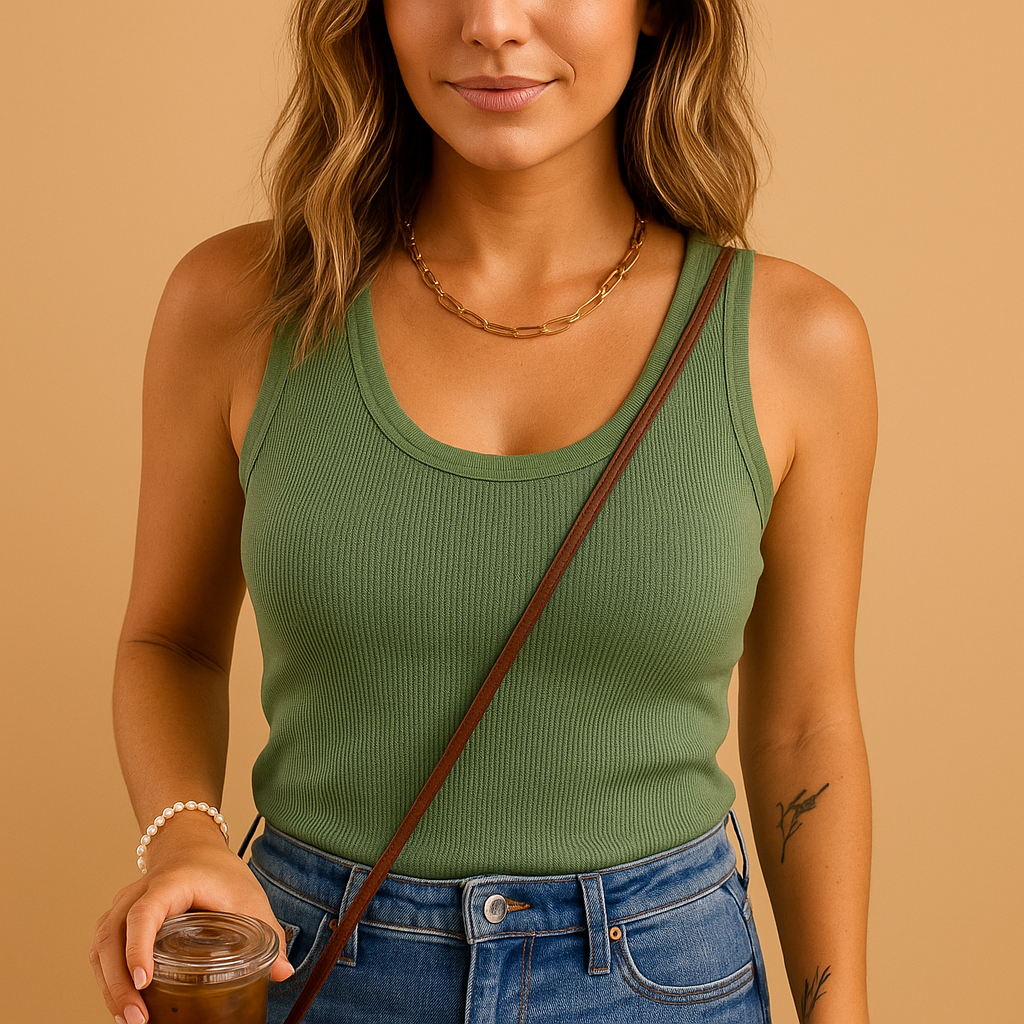 Lightweight tank top with U-neck for women in breathable cotton blend, available in multiple colours, perfect for summer and casual wear.