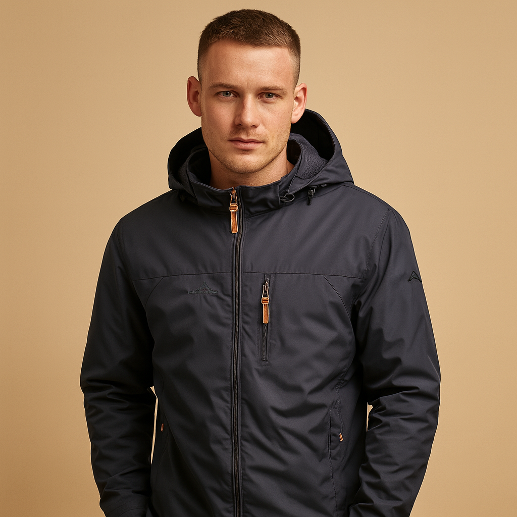 Men’s lightweight waterproof rain jacket with breathable fabric, adjustable hood, and modern design, perfect for city walks and outdoor activities.