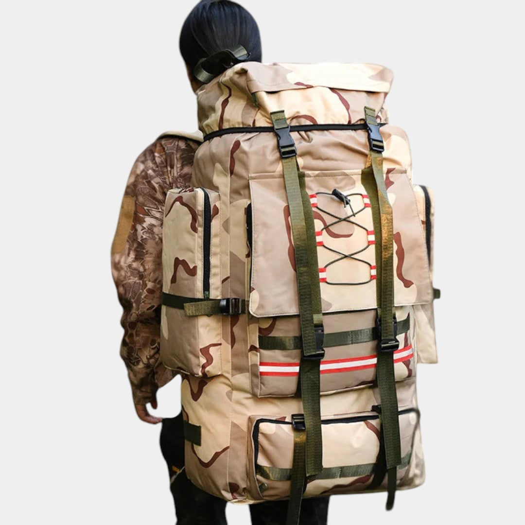 Men’s 130L waterproof hiking backpack with breathable design, tear-resistant material, and multiple compartments for outdoor adventures