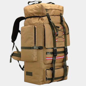 Men’s 130L waterproof hiking backpack with breathable design, tear-resistant material, and multiple compartments for outdoor adventures