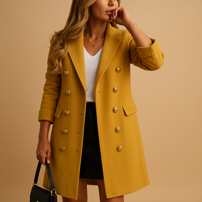 Long trenchcoat for women with waist belt and buttons, available in black and yellow, ideal for winter layering and elegant everyday wear