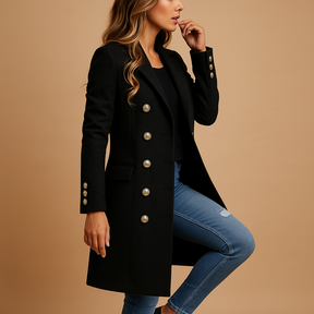 Long trenchcoat for women with waist belt and buttons, available in black and yellow, ideal for winter layering and elegant everyday wear