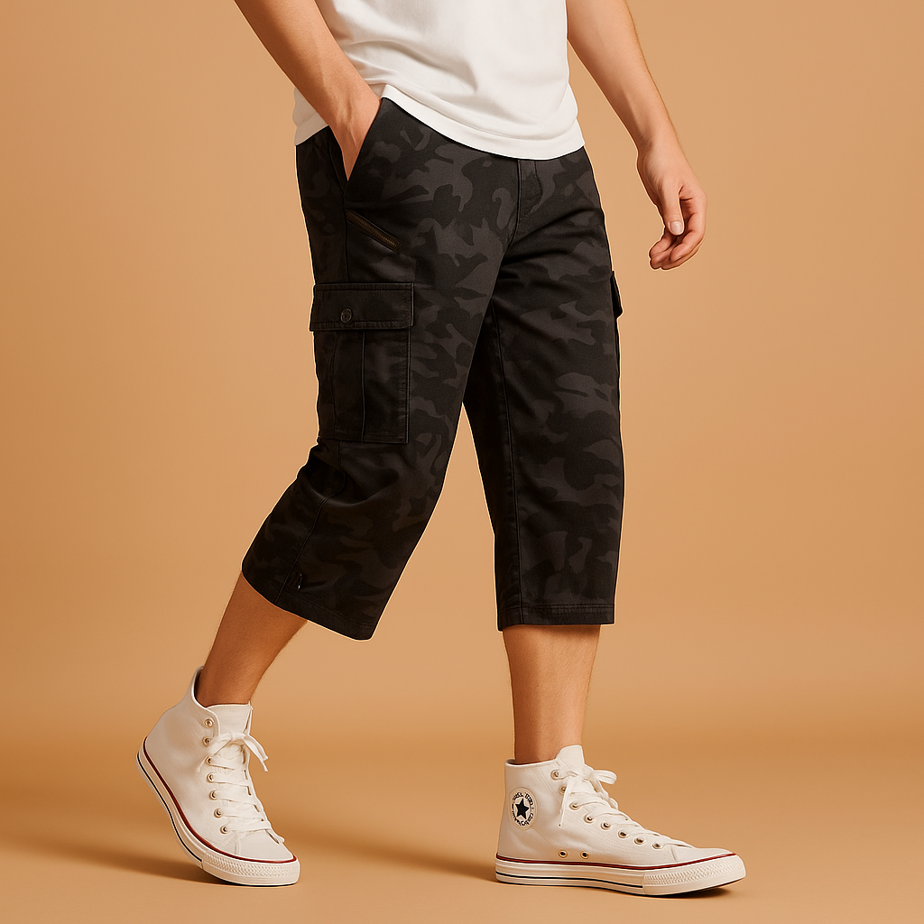 Men’s long cotton cargo shorts with relaxed fit and multiple pockets, perfect for summer, travel, and casual outdoor looks