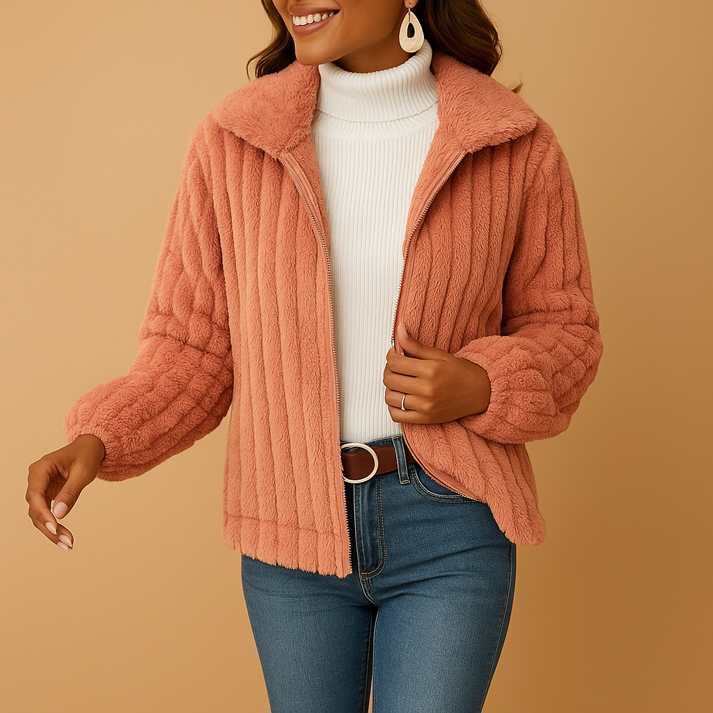 Long fleece cardigan for women with stand-up collar, soft texture, and practical pockets, perfect for warmth and elegant everyday layering.