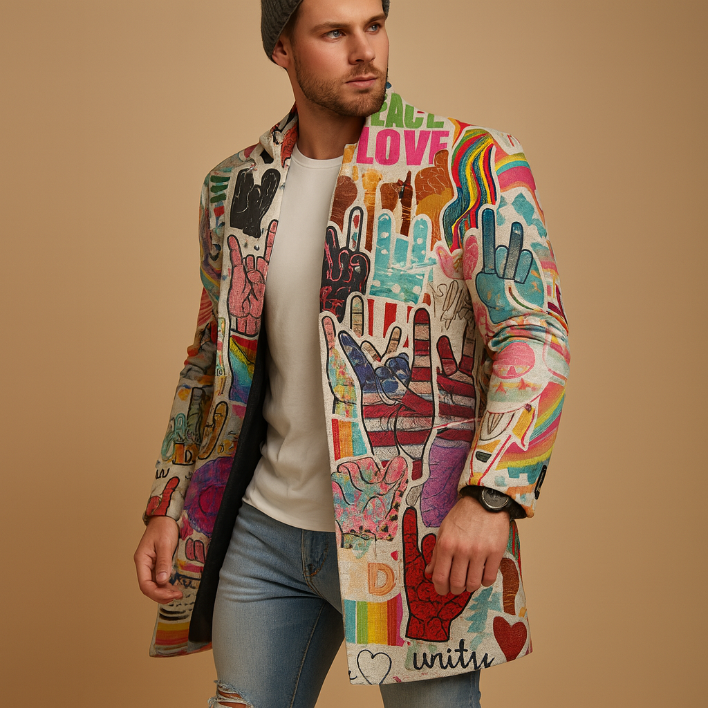 Men’s long coat with a graphic pattern and modern design, offering style and protection for work, evenings, or daily wear.
