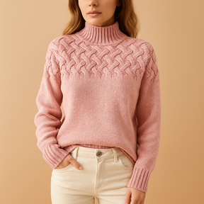 Long knit turtleneck sweater for women in soft fabric with relaxed fit, available in pink, green, and blue—perfect for stylish winter layering.