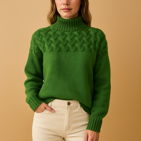 Long knit turtleneck sweater for women in soft fabric with relaxed fit, available in pink, green, and blue—perfect for stylish winter layering.