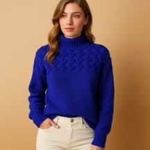 Long knit turtleneck sweater for women in soft fabric with relaxed fit, available in pink, green, and blue—perfect for stylish winter layering.