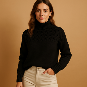 Long knit turtleneck sweater for women in soft fabric with relaxed fit, available in pink, green, and blue—perfect for stylish winter layering.