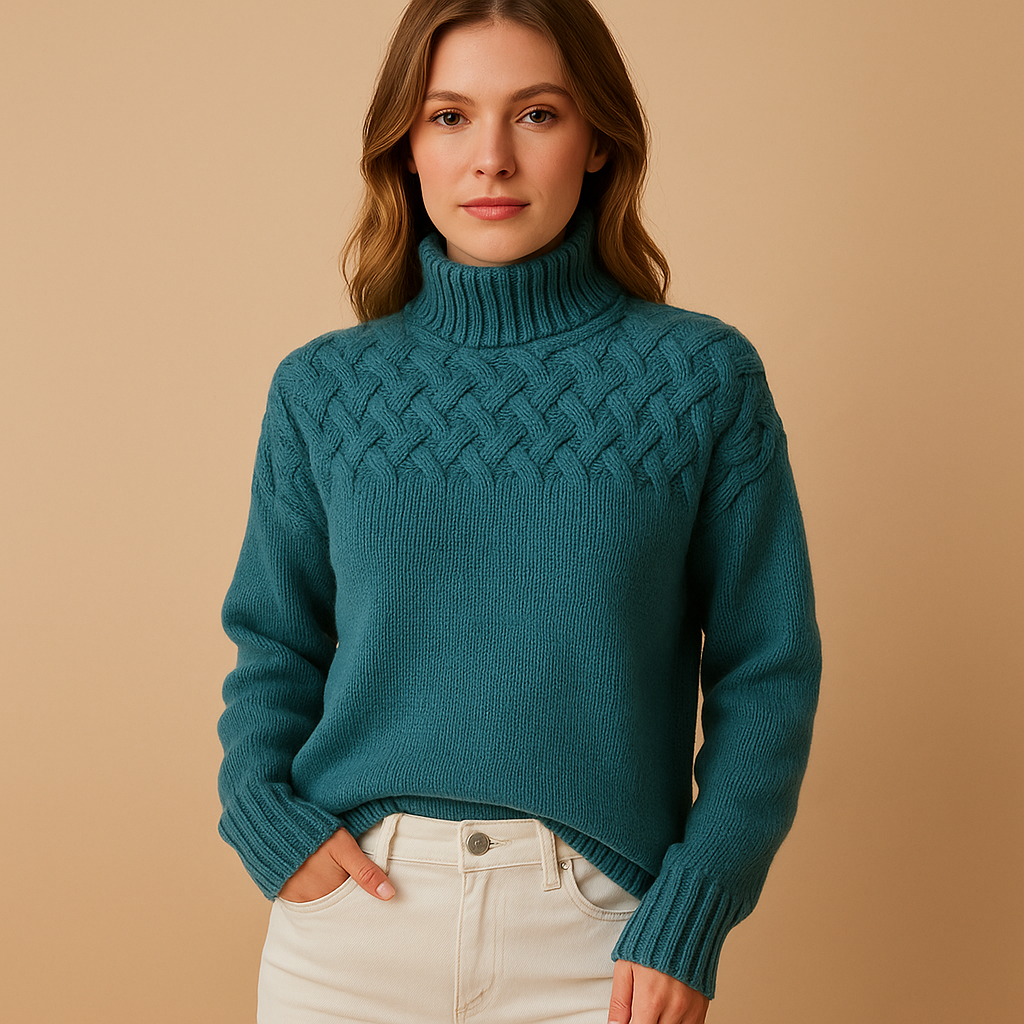 Long knit turtleneck sweater for women in soft fabric with relaxed fit, available in pink, green, and blue—perfect for stylish winter layering.