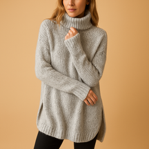 Long printed knit sweater for women in carbon-style pattern, available in black and grey—perfect for fall layering and everyday winter comfort.
