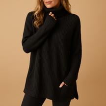 Long printed knit sweater for women in carbon-style pattern, available in black and grey—perfect for fall layering and everyday winter comfort.