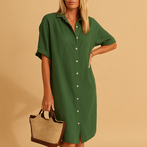 Long shirt dress for women with short sleeves and loose fit, ideal for warm weather, office days, and casual or festive occasions.