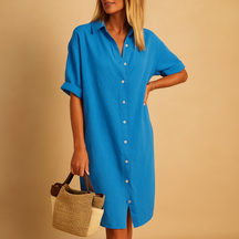 Long shirt dress for women with short sleeves and loose fit, ideal for warm weather, office days, and casual or festive occasions.