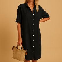 Long shirt dress for women with short sleeves and loose fit, ideal for warm weather, office days, and casual or festive occasions.