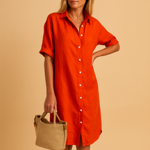 Long shirt dress for women with short sleeves and loose fit, ideal for warm weather, office days, and casual or festive occasions.