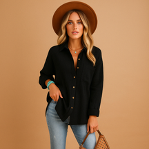 Long sleeve polo shirt for women in cotton blend with button-up collar and chest pocket, perfect for work or casual wear.