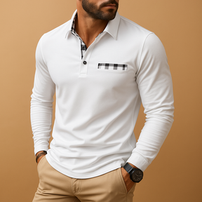 Men’s long sleeve polo shirt with collar and button closure, breathable fabric, available in black, navy blue, silver grey, and white.