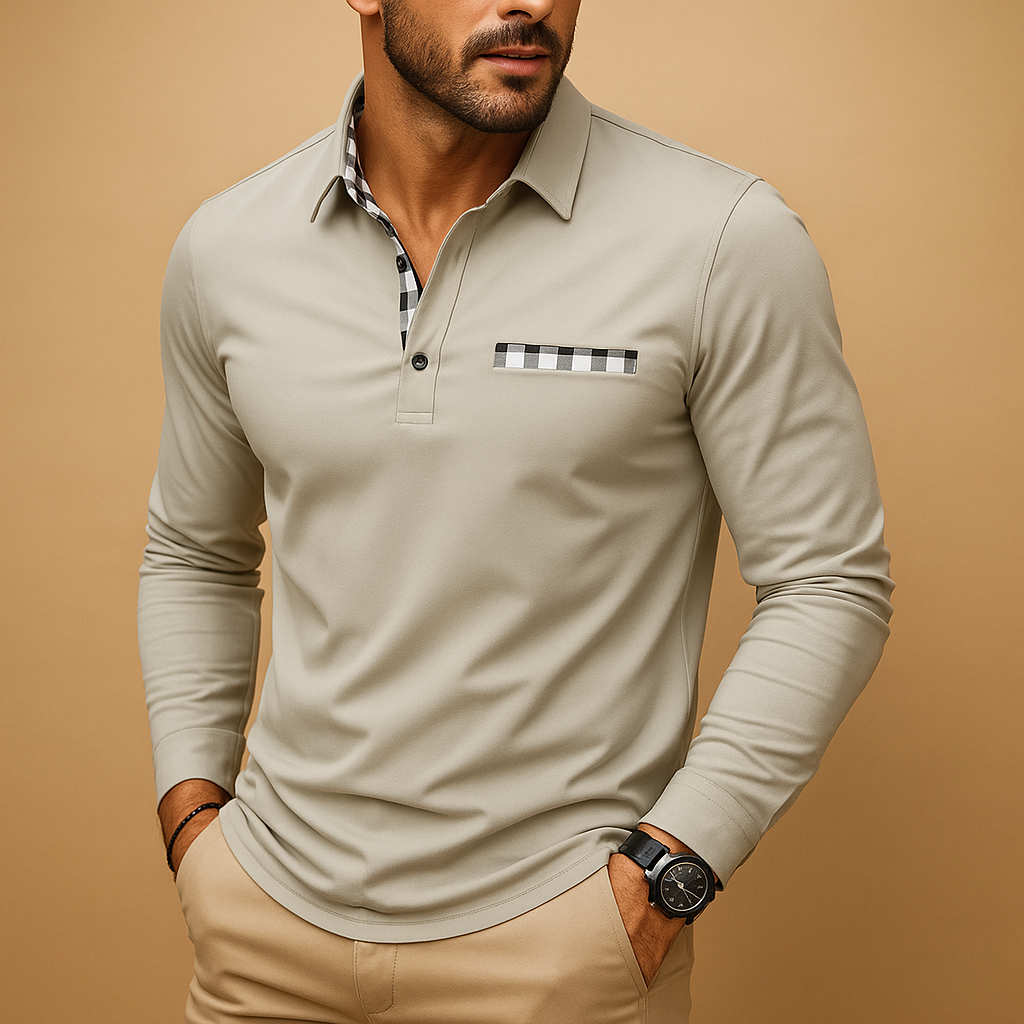 Men’s long sleeve polo shirt with collar and button closure, breathable fabric, available in black, navy blue, silver grey, and white.
