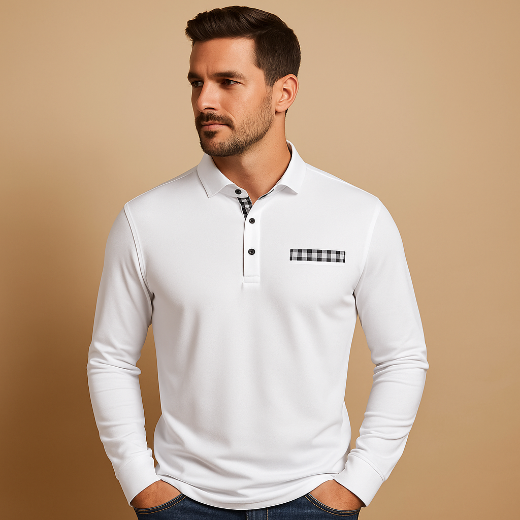 Men’s long sleeve polo shirt with collar and button closure, breathable fabric, available in black, navy blue, silver grey, and white.