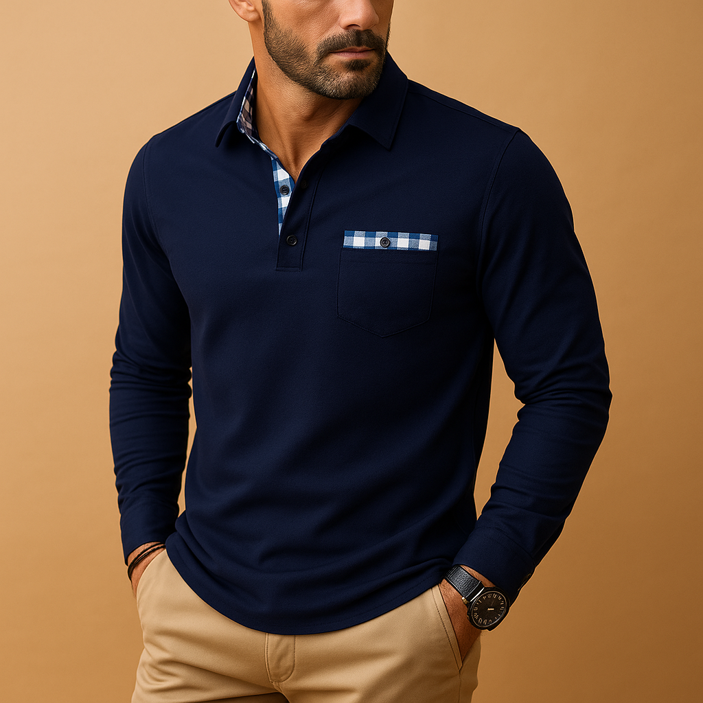 Men’s long sleeve polo shirt with collar and button closure, breathable fabric, available in black, navy blue, silver grey, and white.