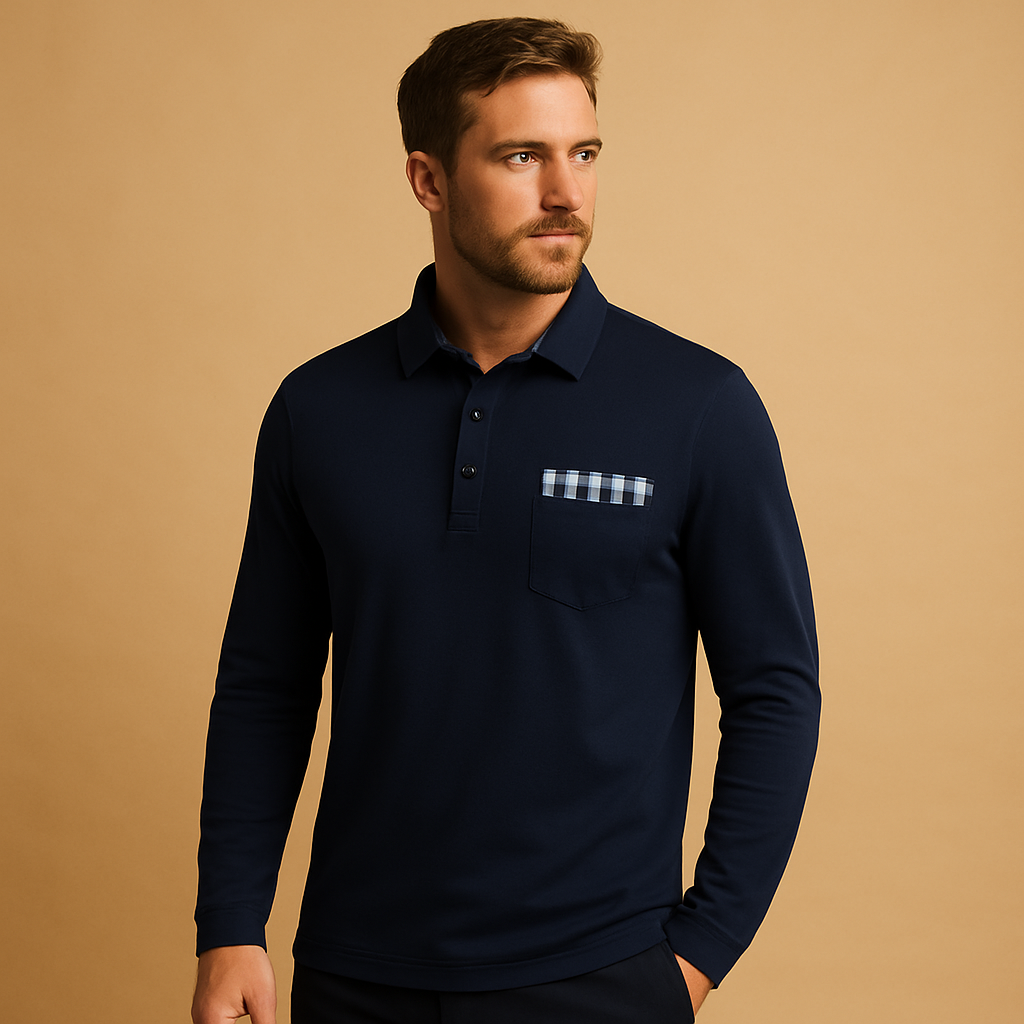 Men’s long sleeve polo shirt with collar and button closure, breathable fabric, available in black, navy blue, silver grey, and white.