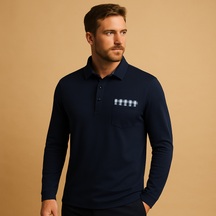 Men’s long sleeve polo shirt with collar and button closure, breathable fabric, available in black, navy blue, silver grey, and white.