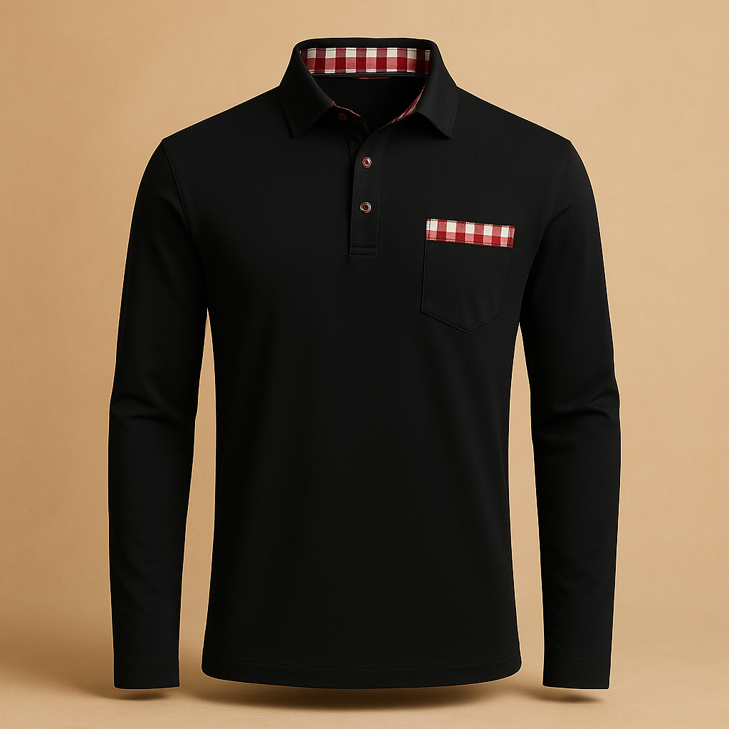 Men’s long sleeve polo shirt with collar and button closure, breathable fabric, available in black, navy blue, silver grey, and white.