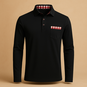 Men’s long sleeve polo shirt with collar and button closure, breathable fabric, available in black, navy blue, silver grey, and white.
