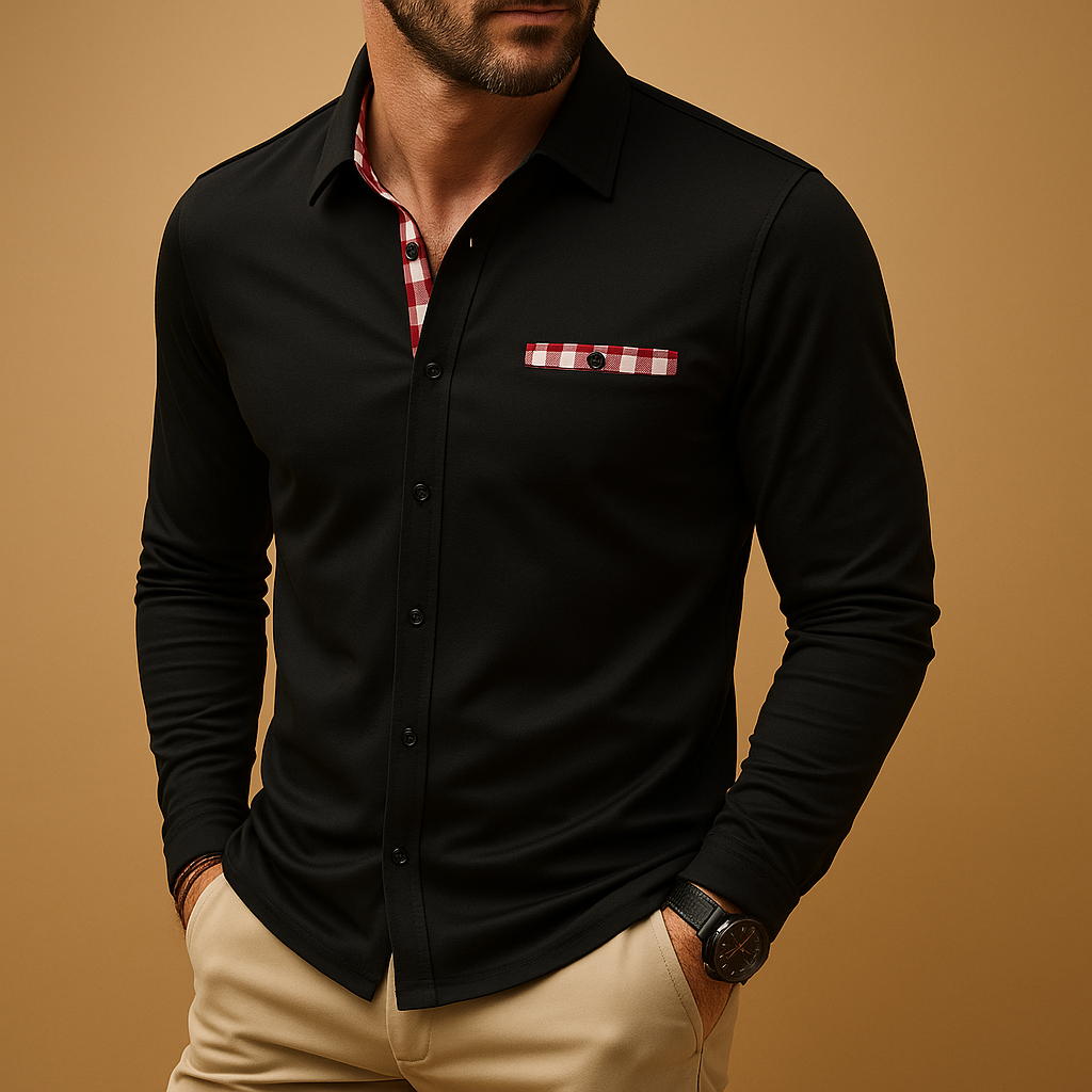 Men’s long sleeve polo shirt with collar and button closure, breathable fabric, available in black, navy blue, silver grey, and white.