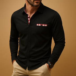 Men’s long sleeve polo shirt with collar and button closure, breathable fabric, available in black, navy blue, silver grey, and white.