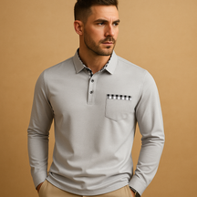 Men’s long sleeve polo shirt with collar and button closure, breathable fabric, available in black, navy blue, silver grey, and white.