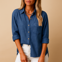 Long sleeve shirt blouse for women with classic collar and chest pockets, available in multiple colors, ideal for everyday styling.