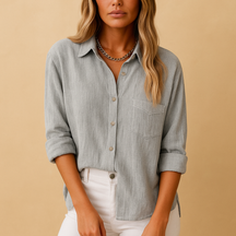 Long sleeve shirt blouse for women with classic collar and chest pockets, available in multiple colors, ideal for everyday styling.