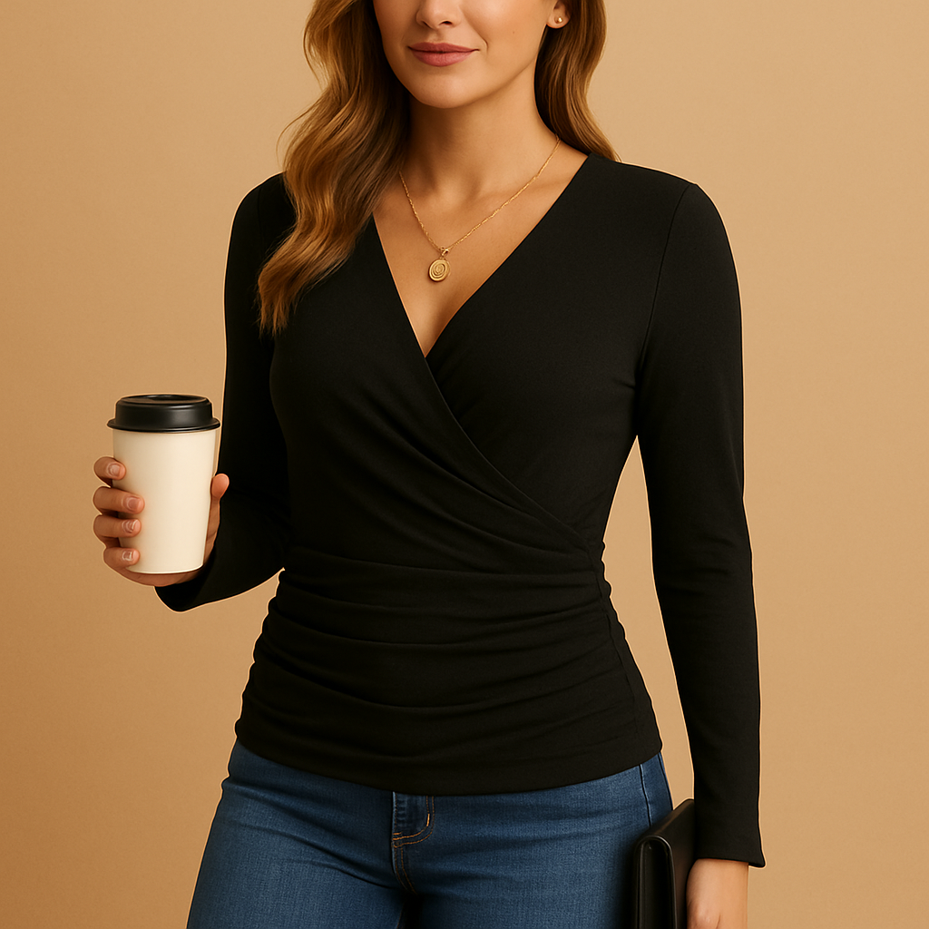 Long sleeve V-neck shirt for women in black, brown, or green with a classic and comfortable fit, perfect for work or casual outfits.