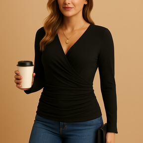 Long sleeve V-neck shirt for women in black, brown, or green with a classic and comfortable fit, perfect for work or casual outfits.