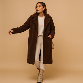 Long beige teddy coat for women, designed for winter comfort and timeless style, with soft fabric and elegant silhouette for casual and formal looks