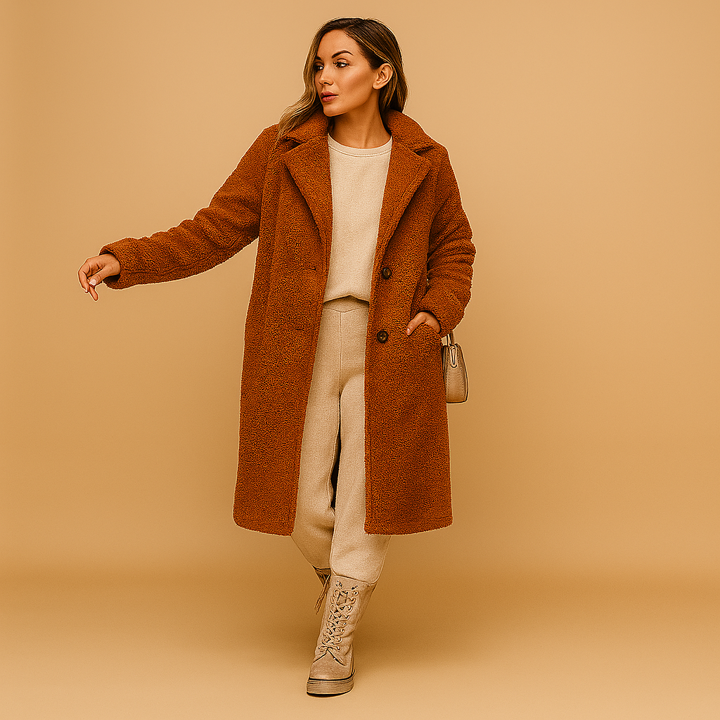 Long beige teddy coat for women, designed for winter comfort and timeless style, with soft fabric and elegant silhouette for casual and formal looks