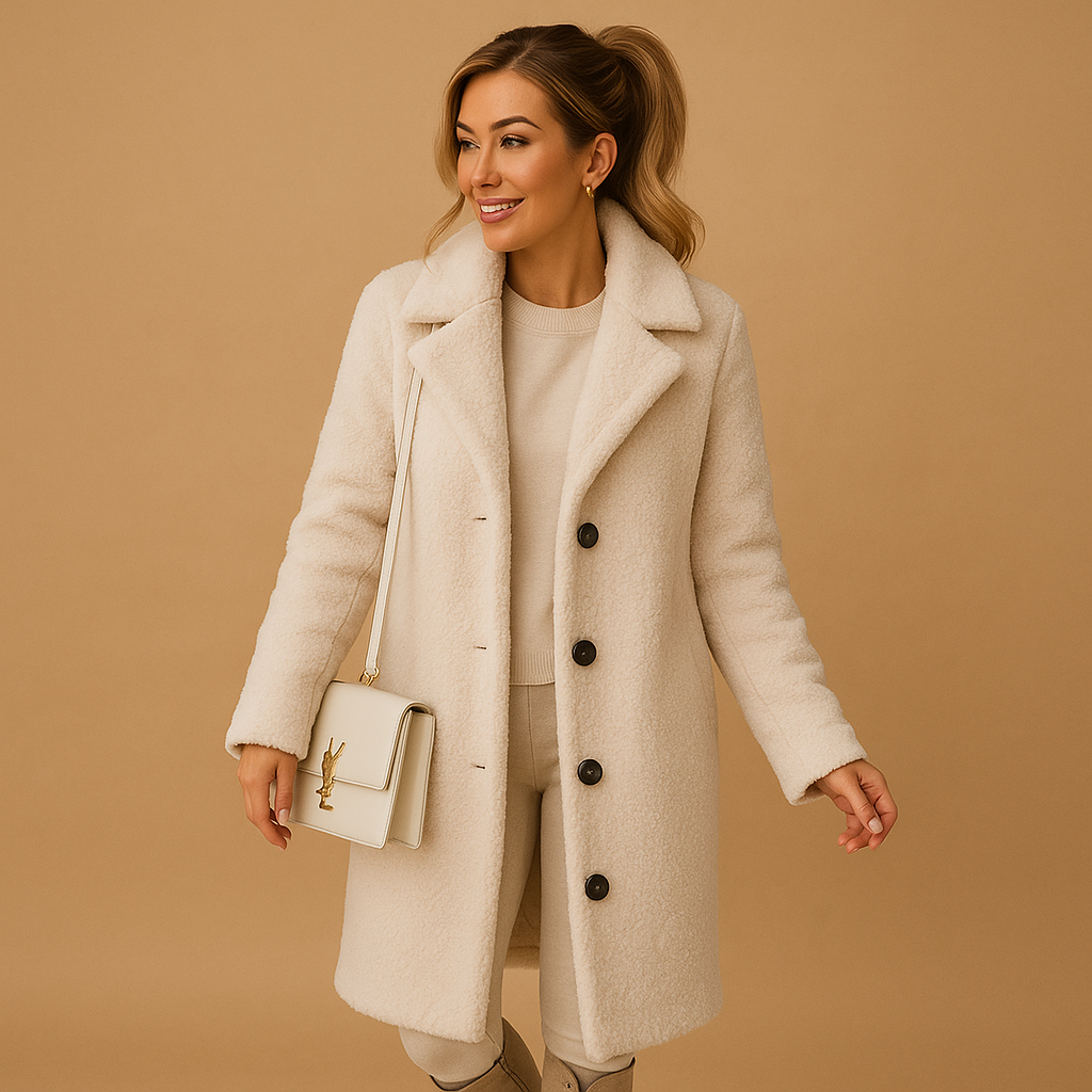 Long beige teddy coat for women, designed for winter comfort and timeless style, with soft fabric and elegant silhouette for casual and formal looks