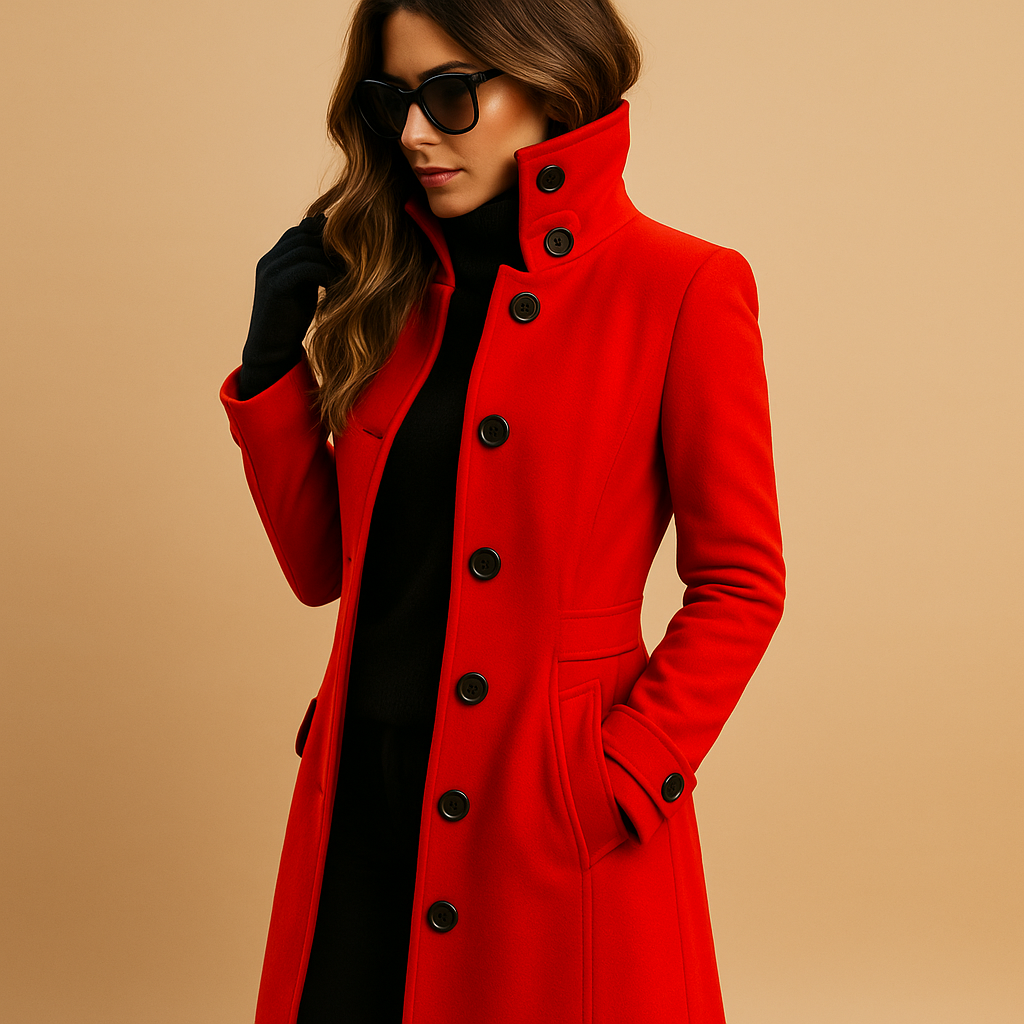 Women’s long belted trench coat in red with adjustable waist, perfect for winter elegance and versatile styling
