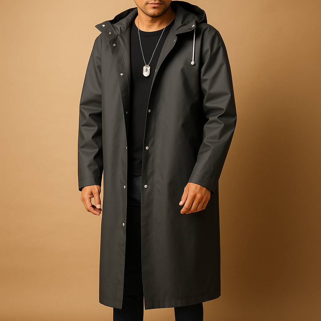 Men’s long waterproof rain jacket in black with thick lining, ideal for rainy outdoor activities like hiking, camping, and walking