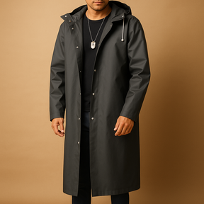 Men’s long waterproof rain jacket in black with thick lining, ideal for rainy outdoor activities like hiking, camping, and walking