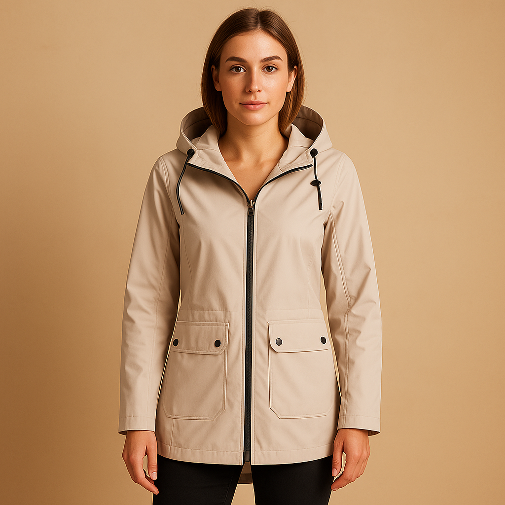 Long waterproof raincoat for women in beige with adjustable hood, breathable fabric, and full-length design, perfect for wet weather