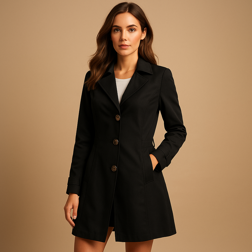 Women’s long windproof rain jacket in black with adjustable hood and breathable fabric, perfect for rainy autumn days