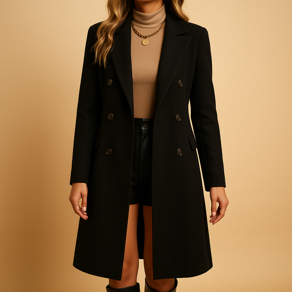 Women’s long winter coat with elegant detailing and full-length warmth, ideal for polished winter looks.