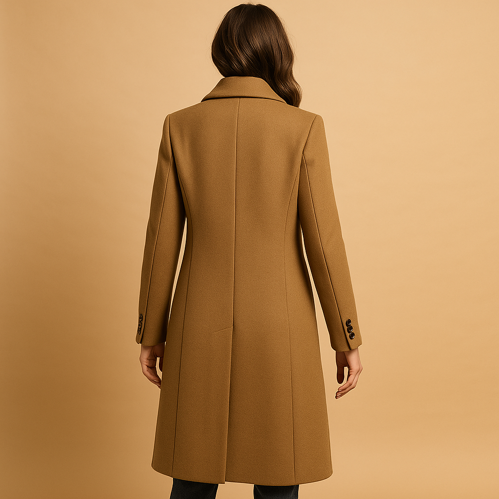 Women’s long winter coat with elegant detailing and full-length warmth, ideal for polished winter looks.