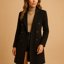 Women’s long winter coat with elegant detailing and full-length warmth, ideal for polished winter looks.