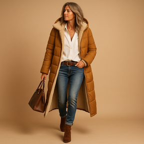 Women’s long winter coat with thermal lining and elegant design, perfect for cold days and stylish winter wear.