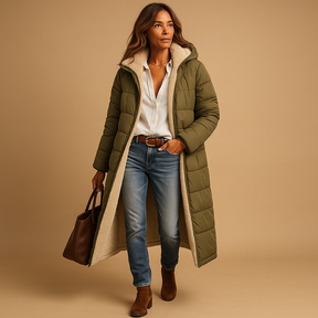 Women’s long winter coat with thermal lining and elegant design, perfect for cold days and stylish winter wear.