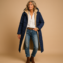 Women’s long winter coat with thermal lining and elegant design, perfect for cold days and stylish winter wear.
